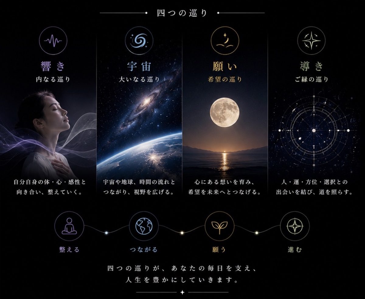 四つの巡り — 響き・宇宙・願い・導き。整える、つながる、願う、進む。